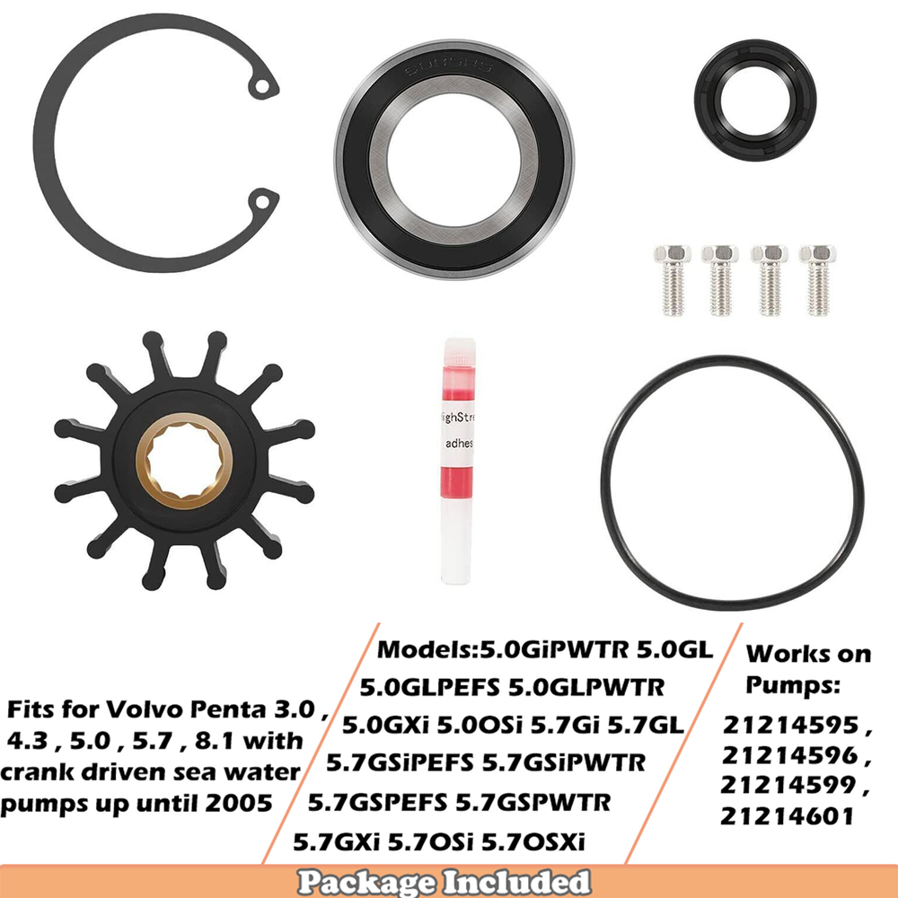 Volvo Penta Water Pump Impeller Kit 1999-2005 for 3.0L to 8.1L Engines 21214599