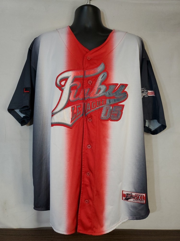 Vintage Fubu Jersey Men's Size 2XL 1992 Button Up Baseball Red White Gray Blue