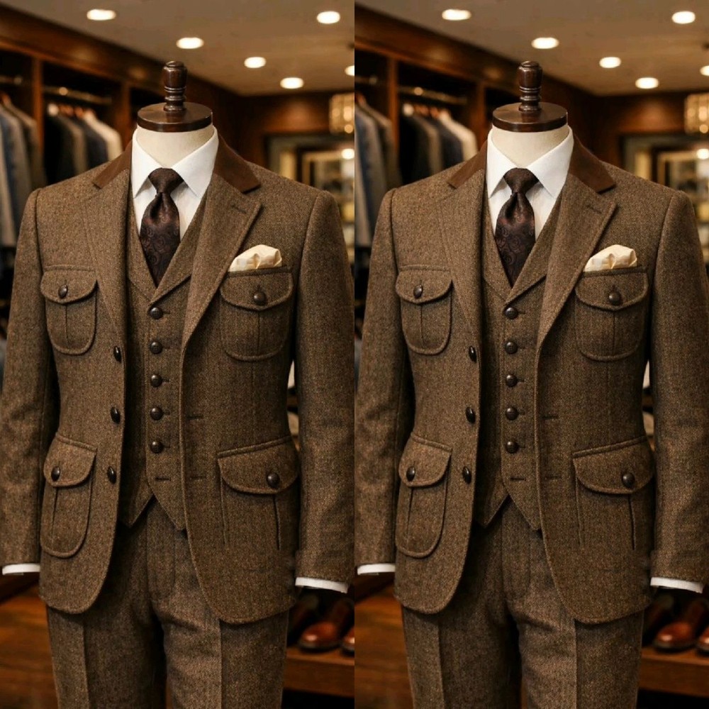 Tweed Men's Safari Jacket Warm 3Pcs Multi-Pocket Suit Wool Tuxedo Jacket Vest