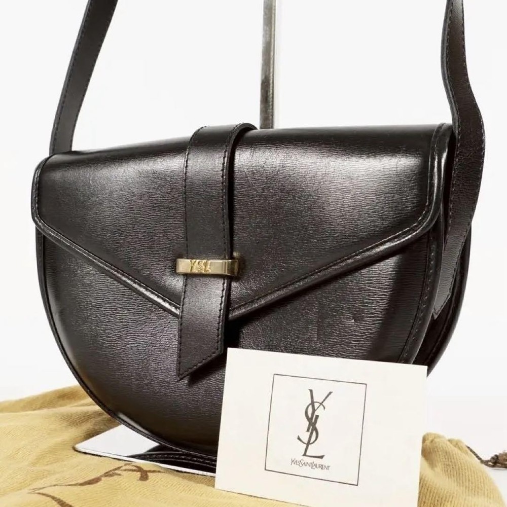 Yves Saint Laurent Black Leather Shoulder Bag YSL logo 9.1in × 6.7in from Japan