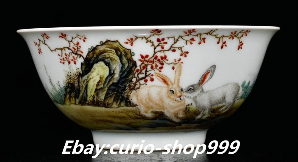 6-Inch Qianlong Famille Rose Porcelain Bowl Statue Featuring Mountain Rabbit Animal Design and Poem Inscription