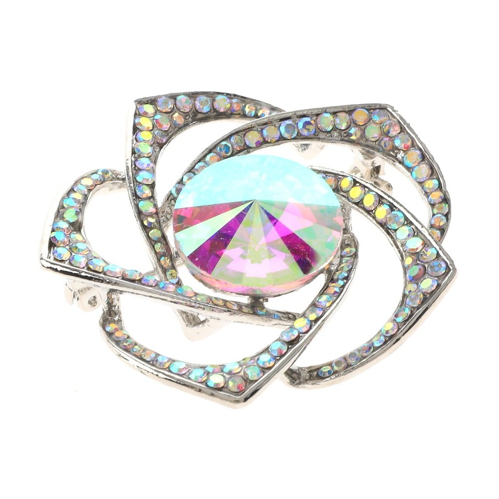 Silver Tone Alloy Metal Medium Size Crystal Rhinestone Rose Brooch P1582-SAB