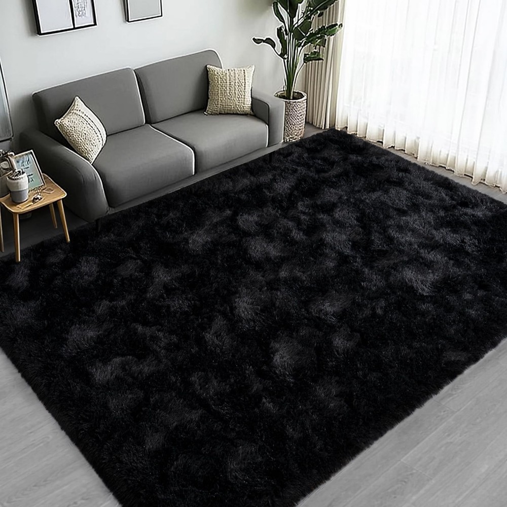 Large Area Rugs for Living Room Bedroom, 6x9 Feet Black Fluffy Shag Rugs, Ult...
