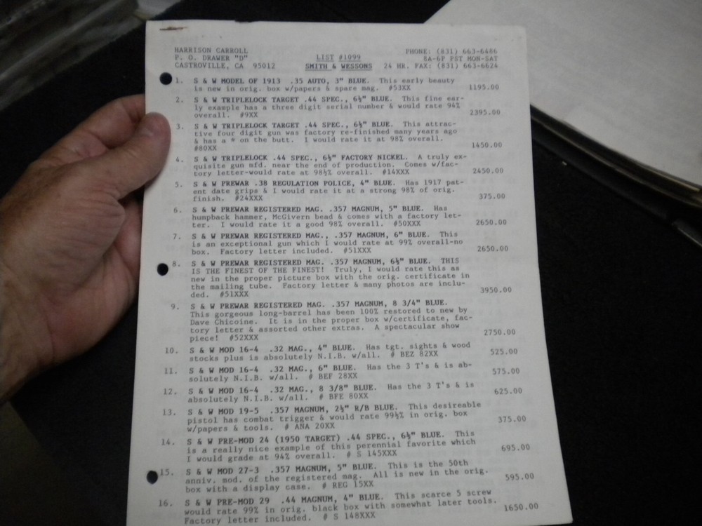 Harrison Carroll List 1099 ,oct, 99   Colt SAAs, euro pistols , S&W, Price List