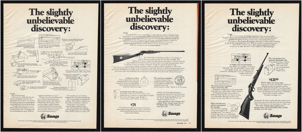 1971 Savage Arms Guns Slightly Unbelievable Discovery Cost Less Money Print Ad