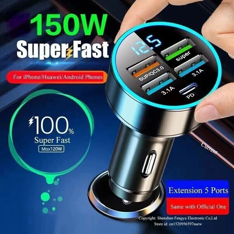 4 USB Port Super Fast Car Charger QC3.0+PD Adapter for iPhone Samsung Android US