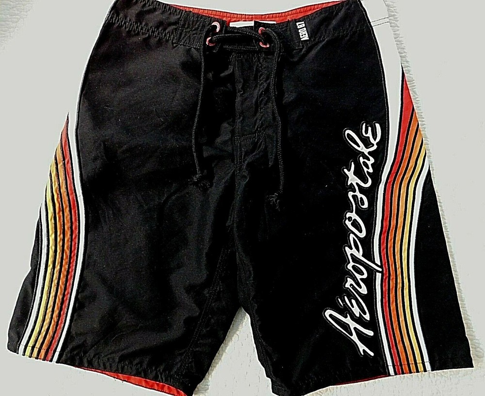 Euc Aeropostale Mens Sz 30 Black Spell Out Rainbow Stripe Board Swim Shorts C806