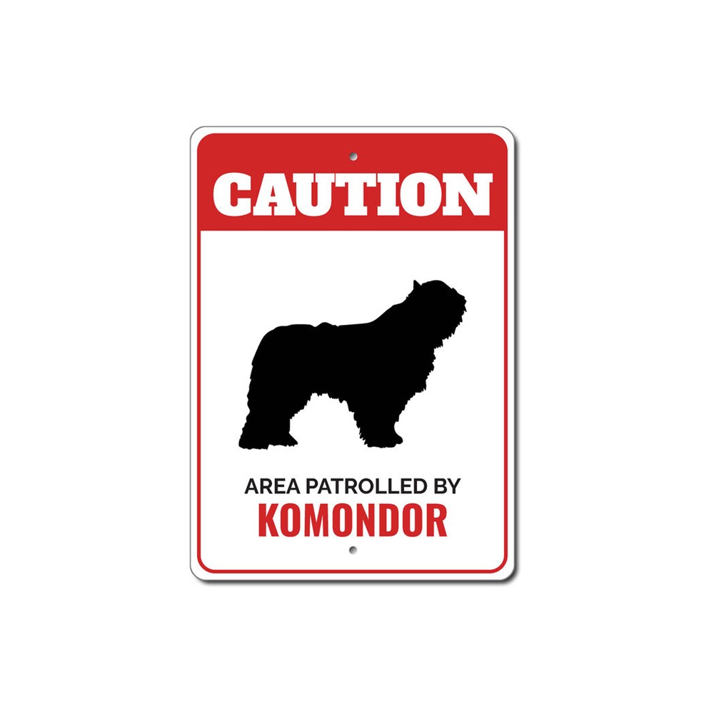 Patrolled By Komondor Caution Metal Sign Dog Kennel Pet Breed Canine K9 Paw