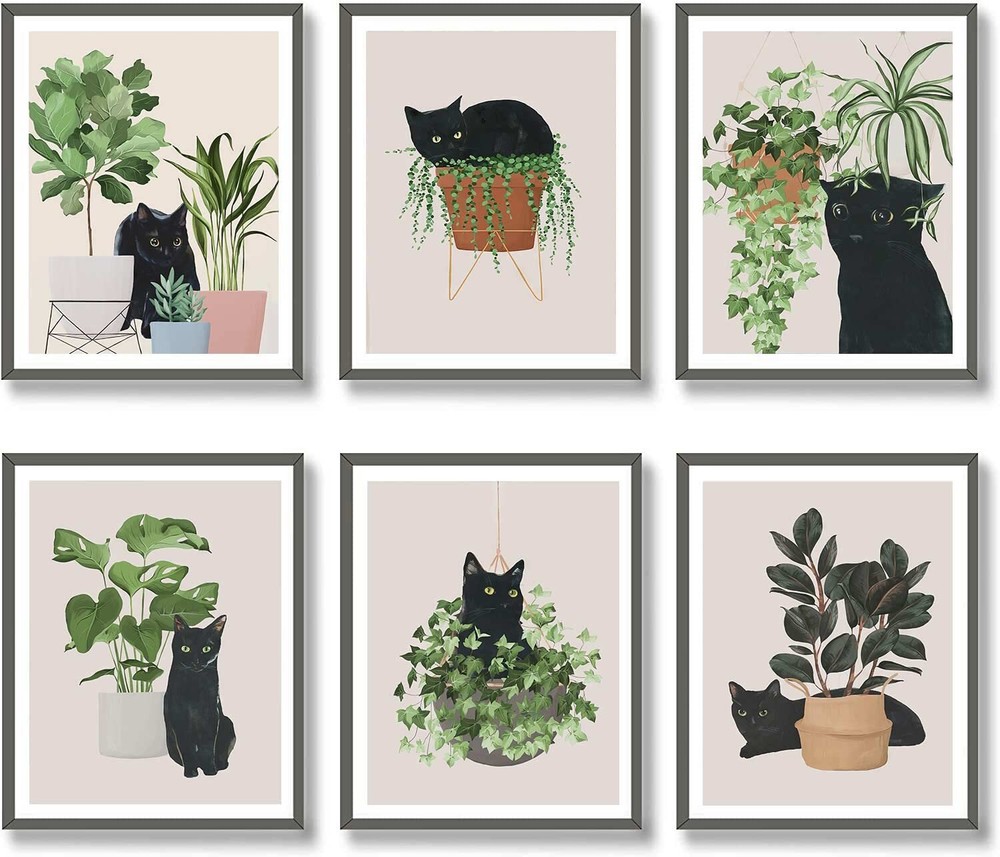 6pcs Cute Black Cat Botanical Wall Art, Green Leaves Plants Boho Wall Art Can...