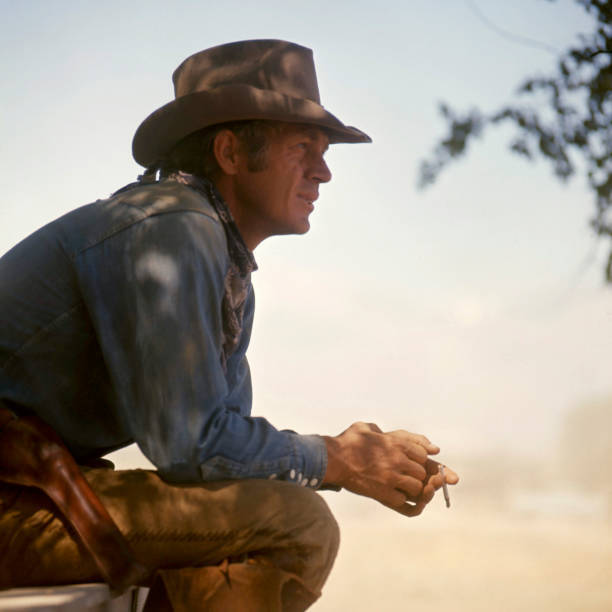 Steve McQueen Iconic in profile smoking cigarette on the set of th- Old Photo