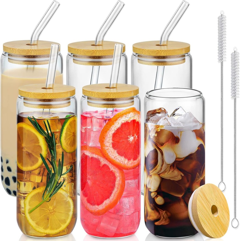 6-Pack 20oz Clear Glass Cups with Bamboo Lids & Glass Straws