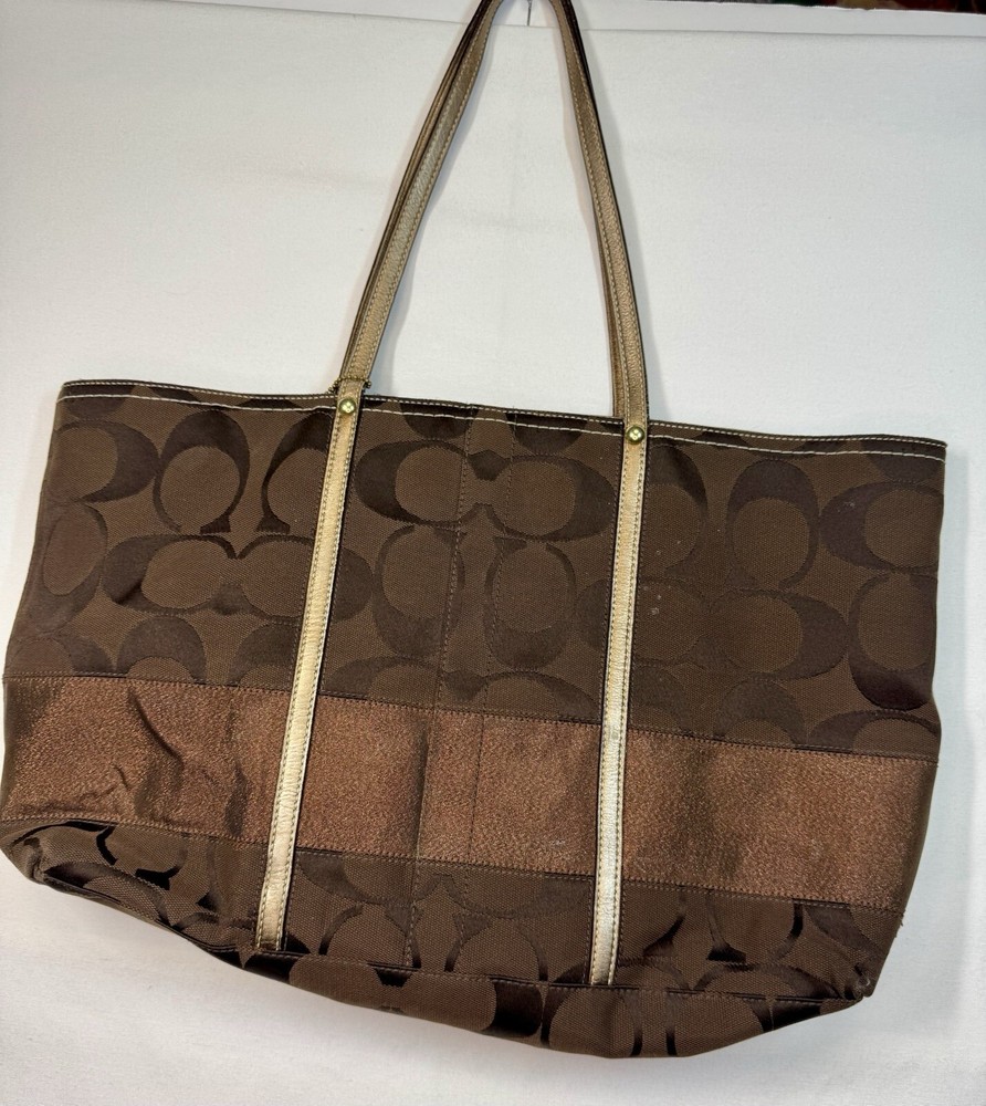 Coach Dark Brown Canvas & Leather Stripe Tote Handbag Shoulder Purse GO767 Pre-Owned