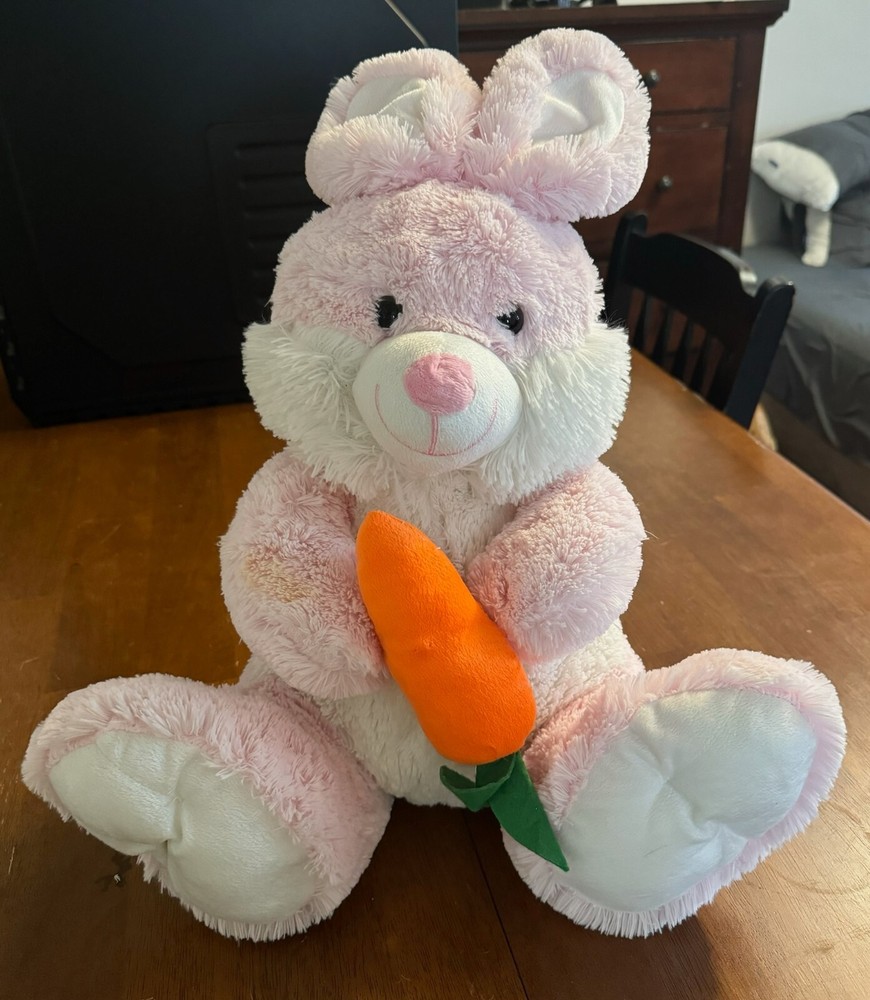 Medium Size Pink & White Easter Bunny Rabbit w/ Carrot Stuffed Animal