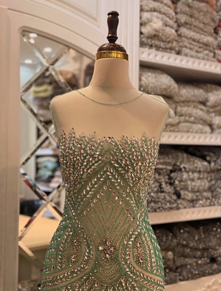 Handcrafted Long Beaded Fabric with Crystals for Dress Making