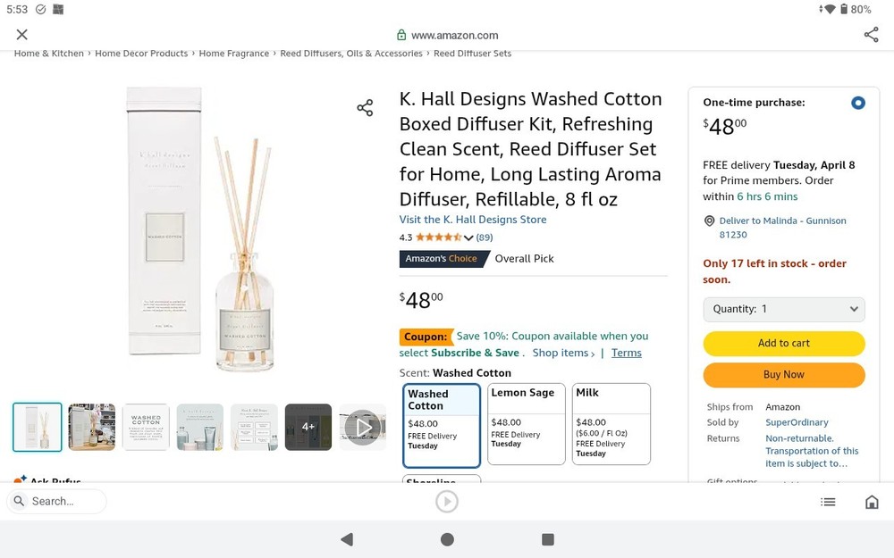 K. Hall Designs Washed Cotton Reed Diffuser Set for Home Fragrance
