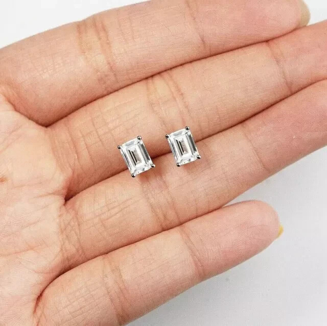 Women Solitaire Stud Earring 14k White Gold Plated Emerald Cut Simulated Diamond