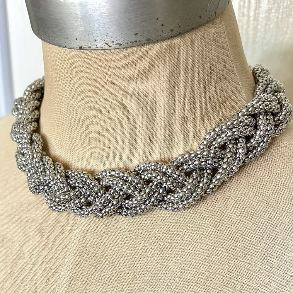 Silver Tone Braided Multi Strand Popcorn Chain Southwest Style Necklace 18”-21”