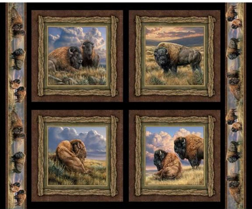 4 Buffalo Bison Range Pillow Panels 100% Cotton Fabric with Wild Wings Springs Design for Home Decor