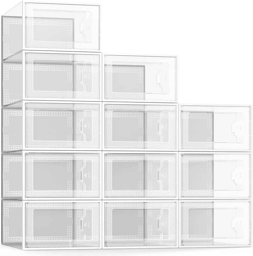 12 Pack Shoe Storage Box, Clear Plastic Stackable Shoe Organizer for Closet, Spa