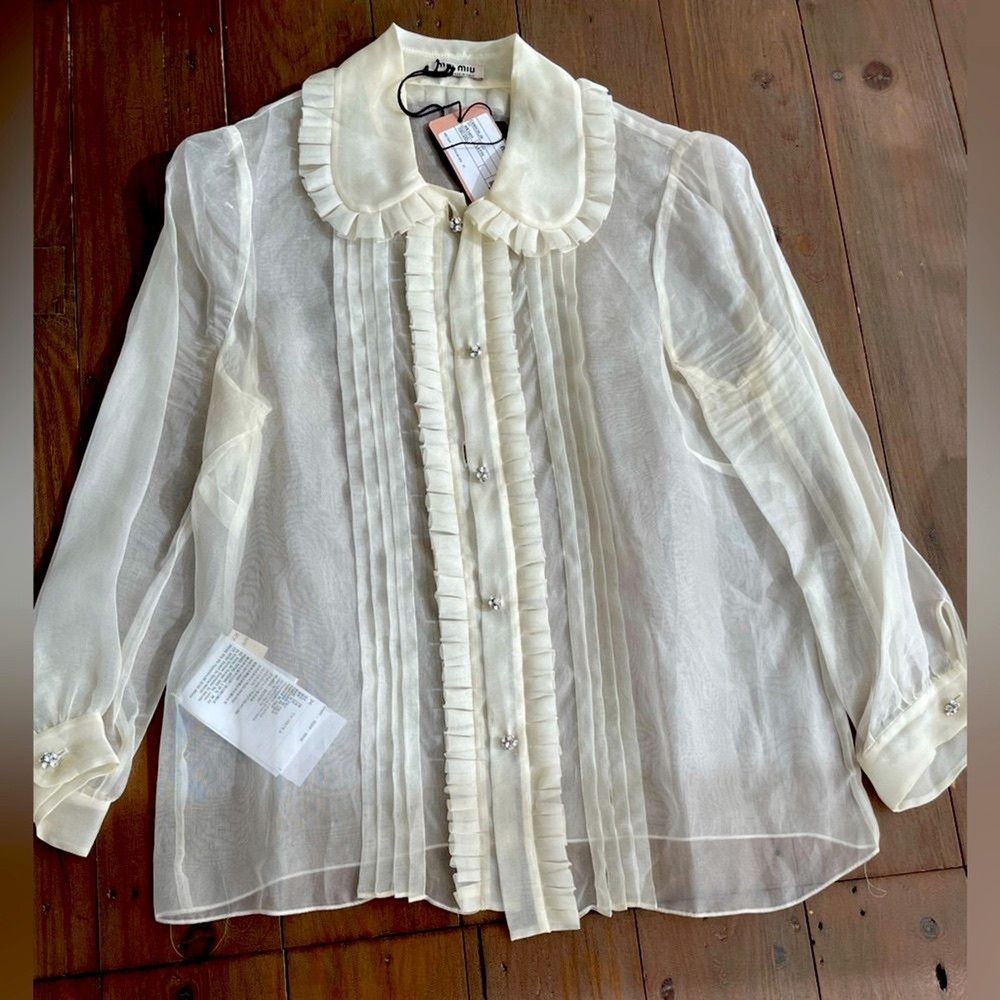 RRP US$1,550 Miu Miu organza crystal embellished blouse NWT