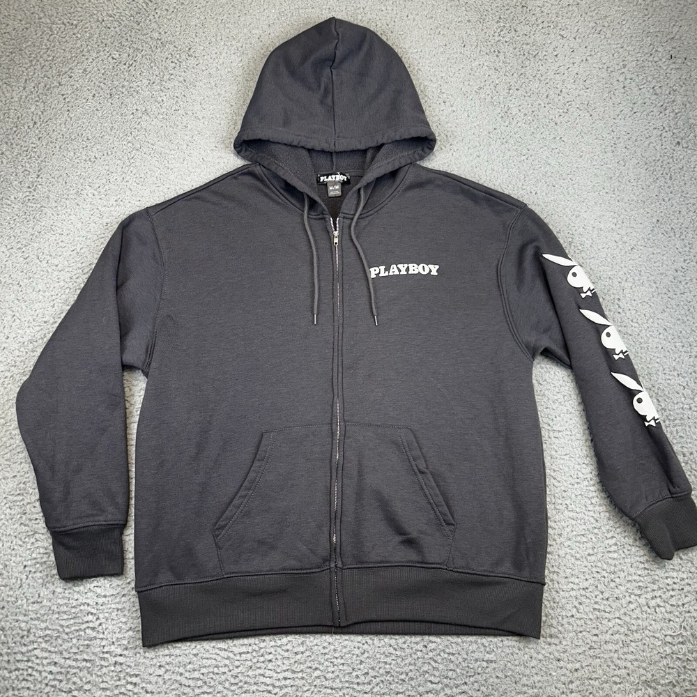 Playboy Men’s Full Zip Hoodie Puff Print Logo Fleece Jacket Gray Size Medium