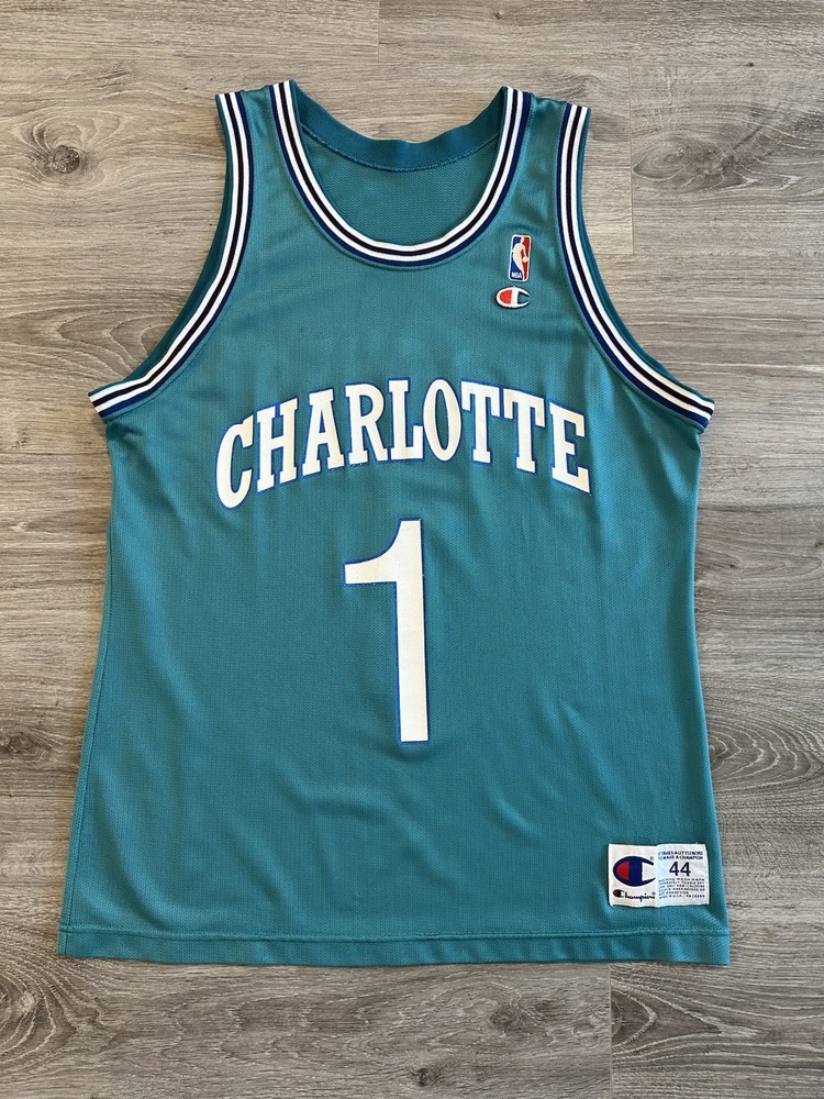 Vintage Champion Charlotte Hornets Muggsy Bouges Jersey 44 Large #1 NBA