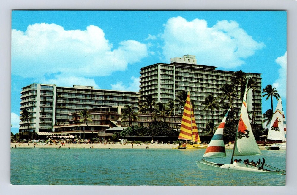 Waikiki HI-Hawaii, Reef Hotel, Sailing and Beach, Souvenir Vintage Postcard