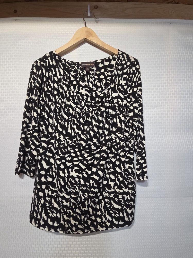 Dana Buchman Women’s M Black White Abstract Print 3/4 Sleeve Ruched Blouse Top