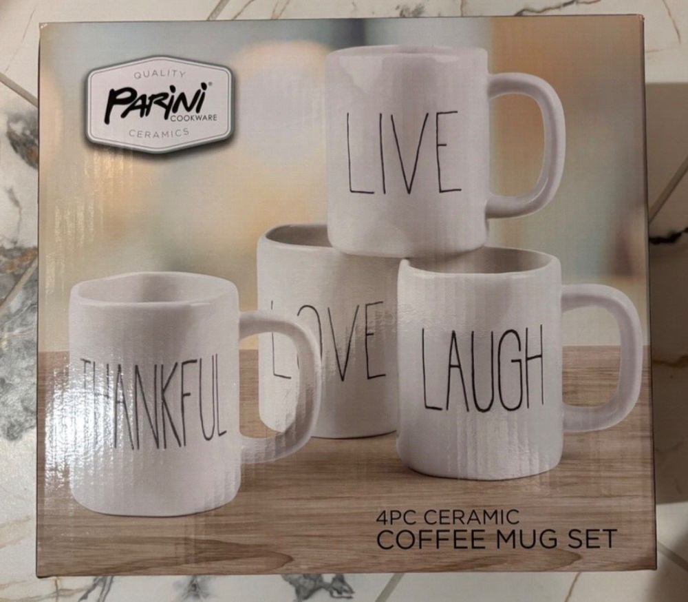 PARINI 4 Piece Ceramic Coffee Mug Set Live~Laugh~Love~Thankful New in sealed box