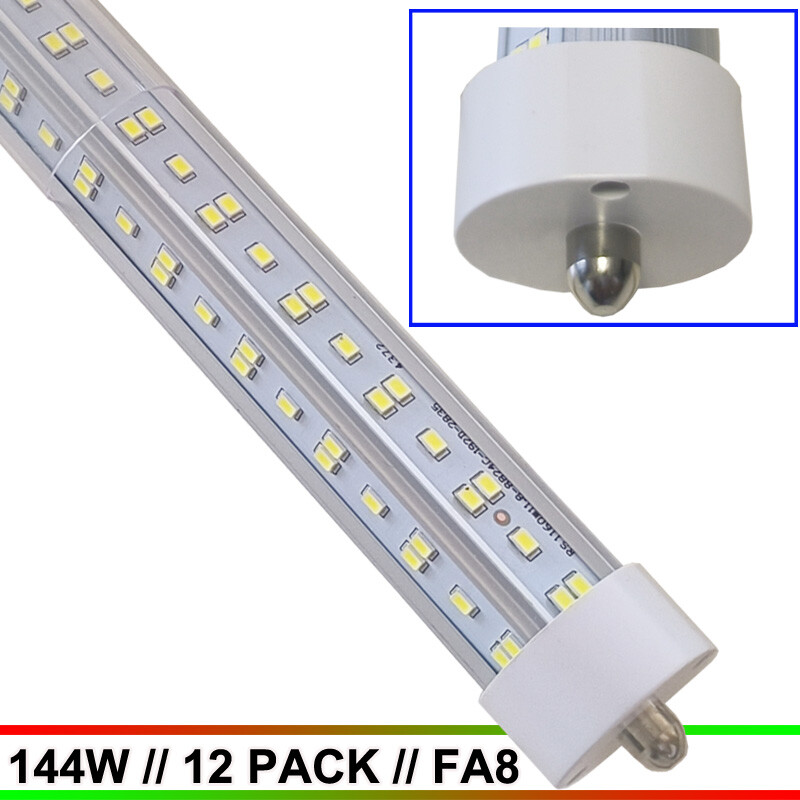 8FT 144W T8 Single Pin LED Shop Light Bulbs 12 Pack