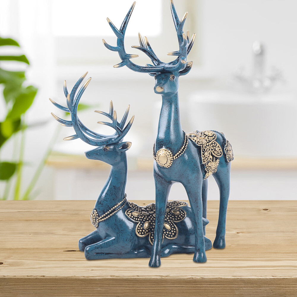 Blue Resin Deer Figurine Reindeer Statue Office Sculpture Ornament Decor