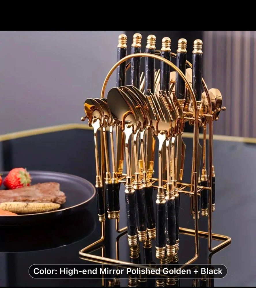 24pcs Stainless Steel Long Ceramic Tableware Set Steak Knife, Fork, Spoon,