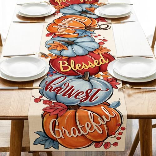 Thanksgiving Pumpkin Thankful Grateful Blessed Table Runner, Blue Fall Harves...