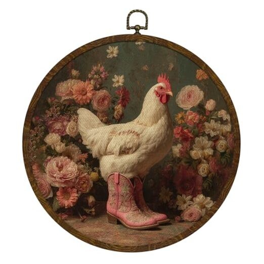 KLYTINK Whimsical Chicken Round Wall Art,Retro Floral Canvas Hanging BY0636