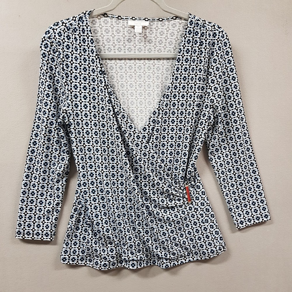Charter Club Top Women's Petite Medium PM Blue Surplice Gold Buckle Stretch