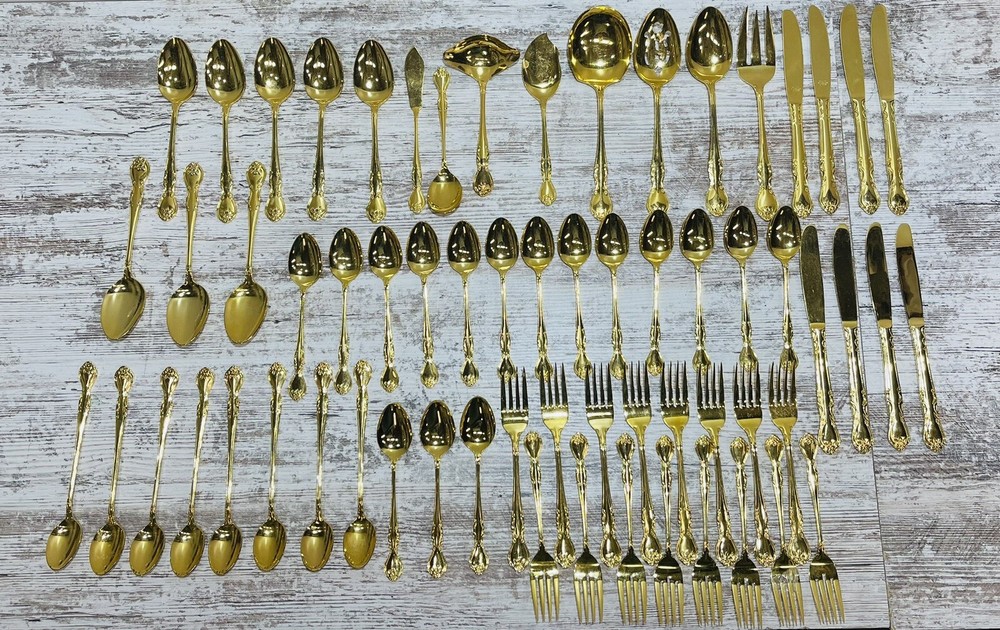 64 Piece Gold Plated Stainless Serving Flatware Complete Set Lot NORMA N.S.CO A2