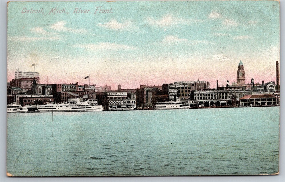 Cityscape From The River Front Paddle Boat Detroit MI C1908 Postcard U25