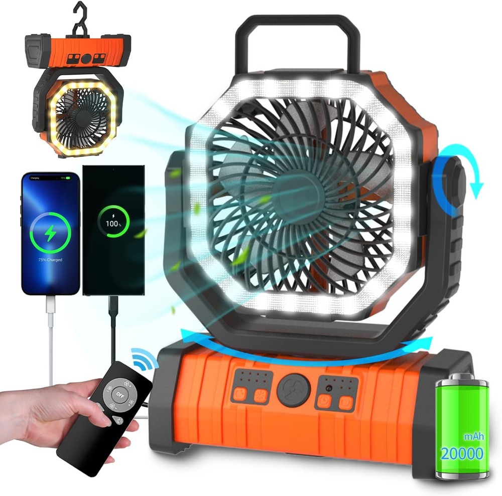 ADUST Camping Fan Battery Operated Powered with LED Lantern F6, Orange