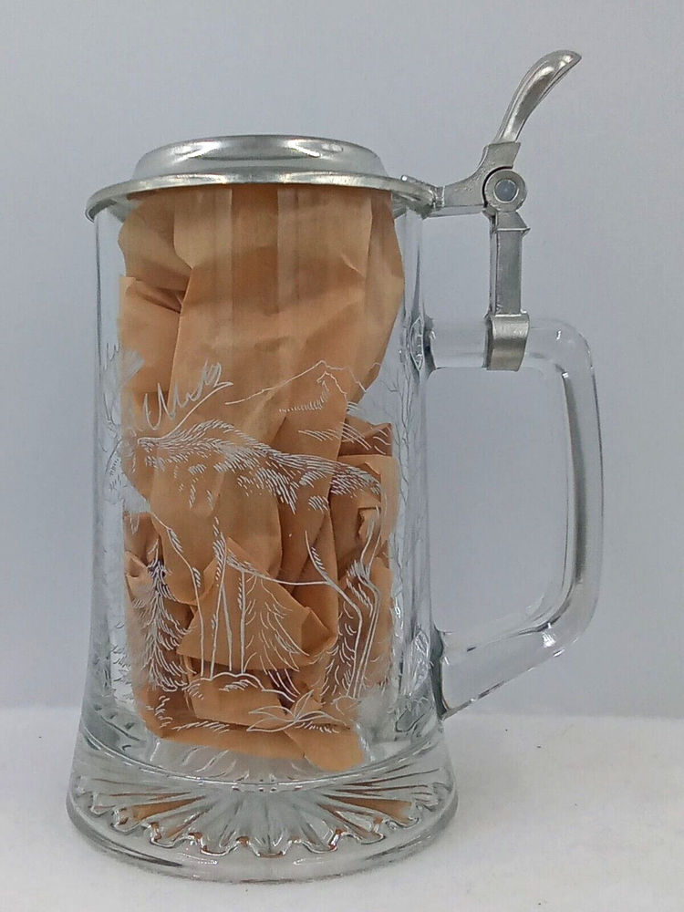 Vintage Domex Clear Glass Beer Stein with Etched Bear Moose Trees and Zinc Flip Top Lid