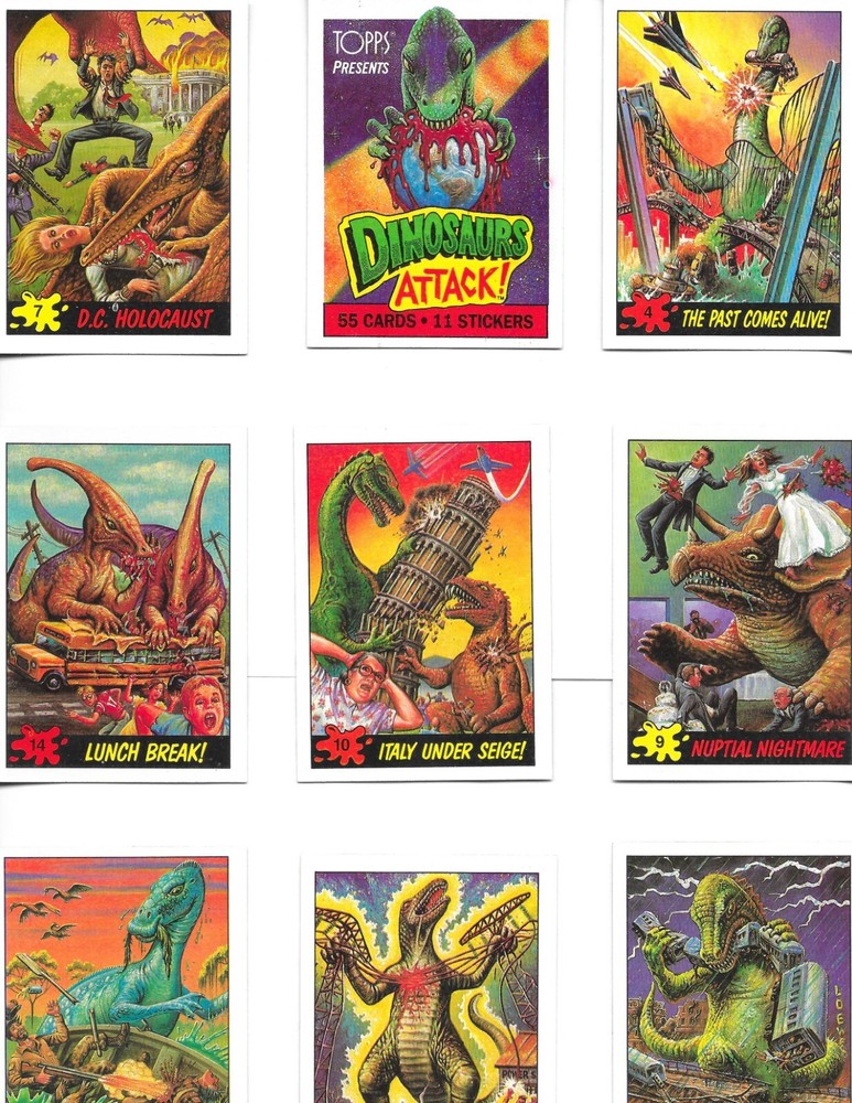 DINOSAURS ATTACK COMPLETE SET OF 55 CARDS NM + 11 STICKER SET VF+ + 3 WRAPPERS