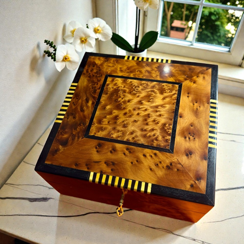 Lockable Thuya Wood Jewelry Box Handmade Moroccan Lemon Wood Square Organizer