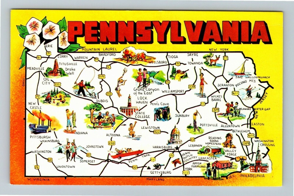 PA-Pennsylvania, Aerial View, Map, Roads, Landmarks, Vintage Postcard