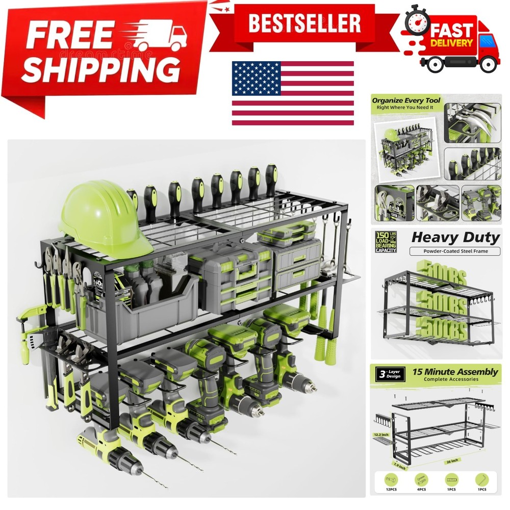 Power Tool Organizer Wall Mount, 3 Layer Heavy Duty Tool Storage Rack with 7 ...
