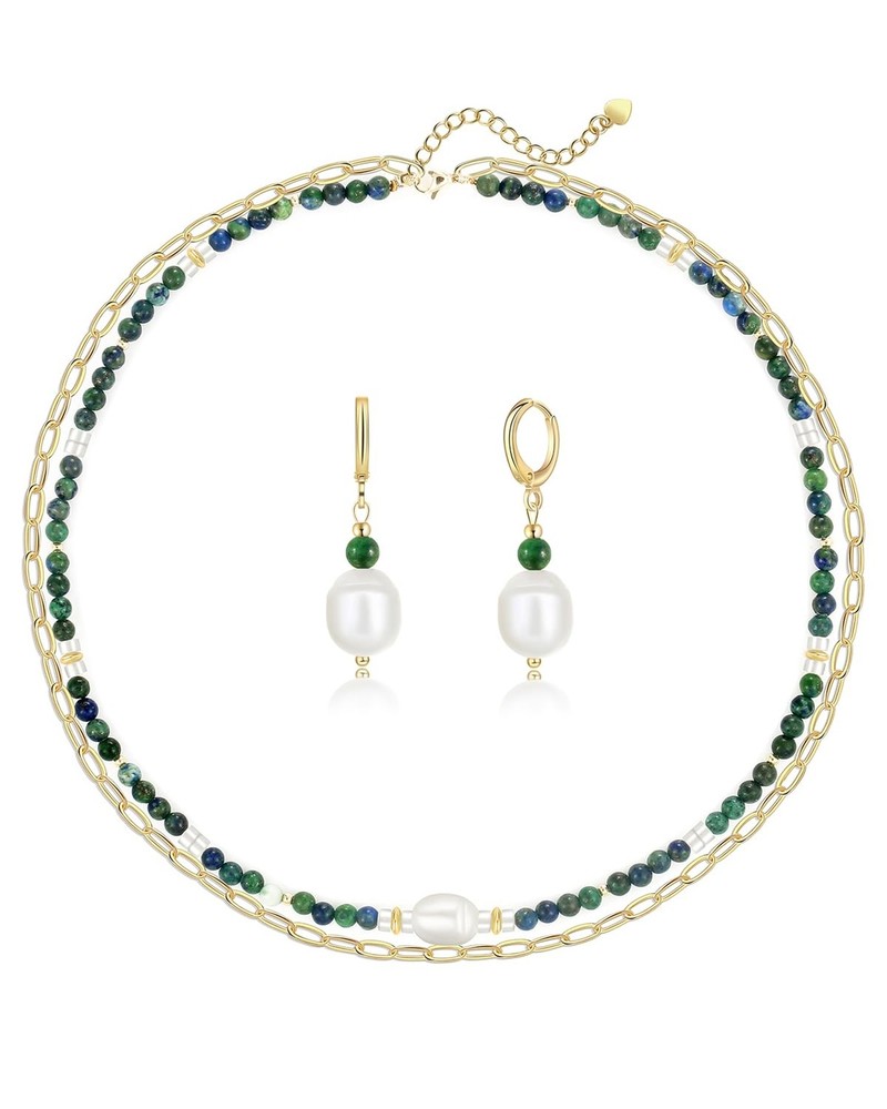 Azurite Gold Choker Necklace Earrings Set with Real Crystals for Women