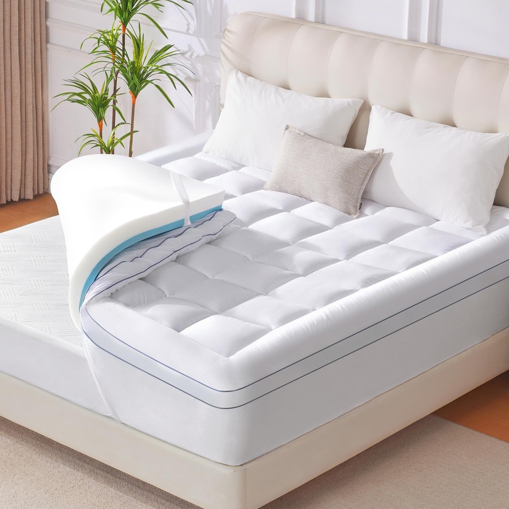Eiayeebil Memory Foam Queen Mattress Topper, 4 Inch Dual Layer Mattress Pad w...