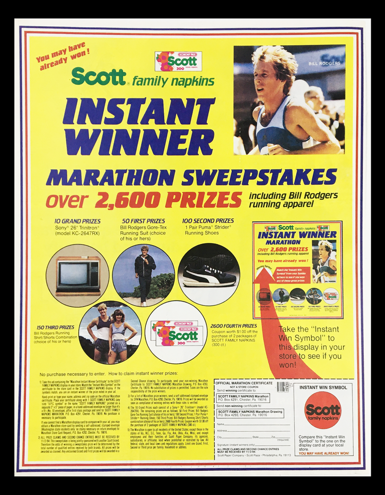 1985 Scott Family Napkins Marathon Sweepstakes Circular Coupon Advertisement-image