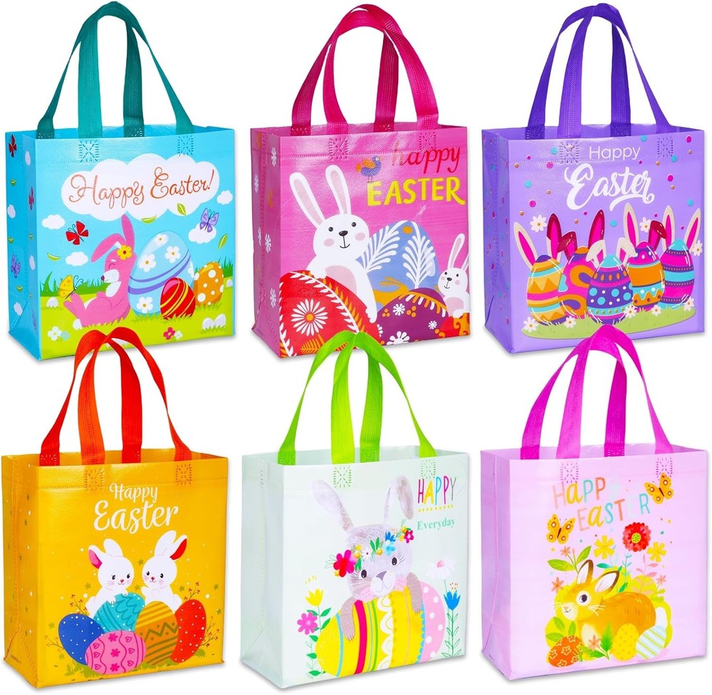 Exun Happy Easter Gift Bags with Handles, Bunny Carrot Chick Designs, Reusable N