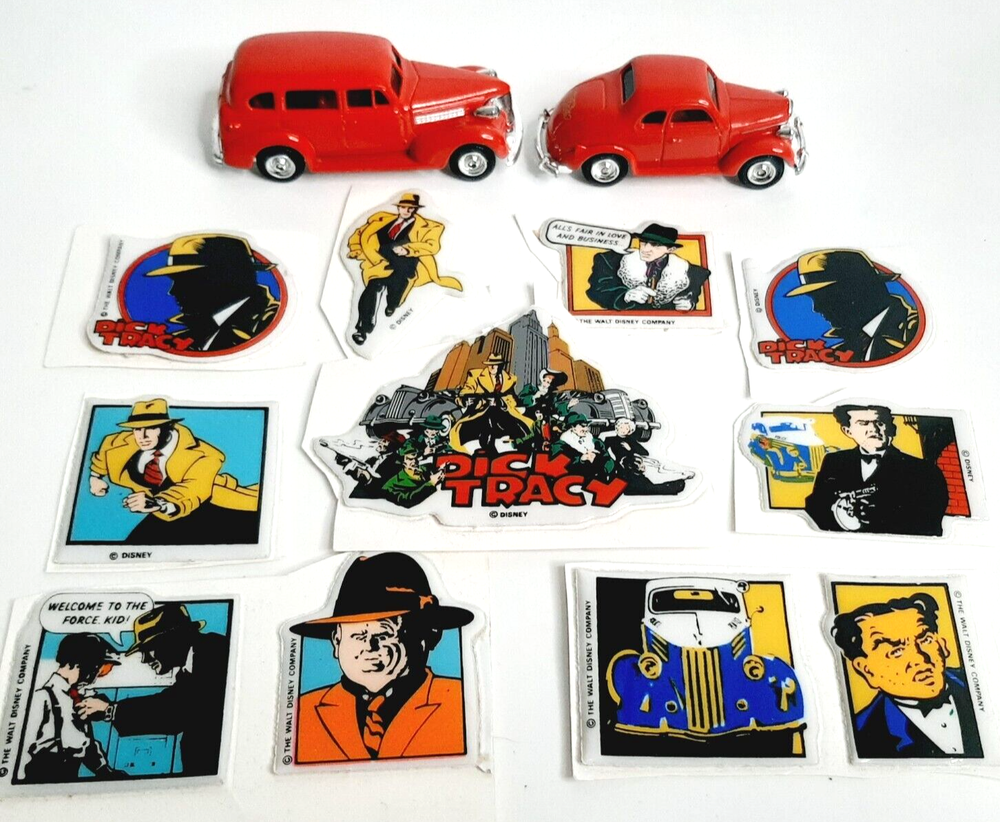 Dick Tracy Bundle 1990 Red ERTL Tess' Car & Itch's Car + 11 Puffy Stickers