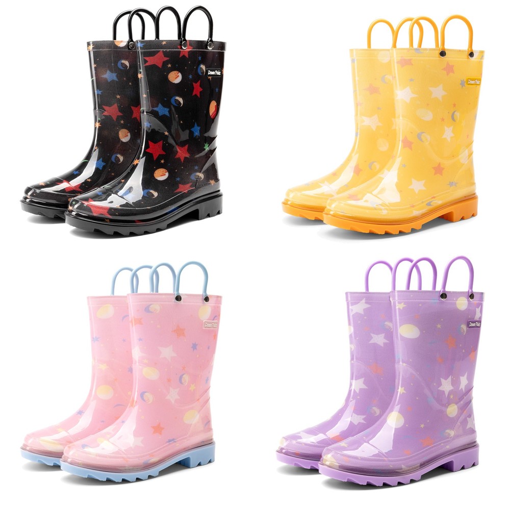 Kids Boys Girls Waterproof Pull-on Handles Rain Boots Rainy Day Walking Shoes
