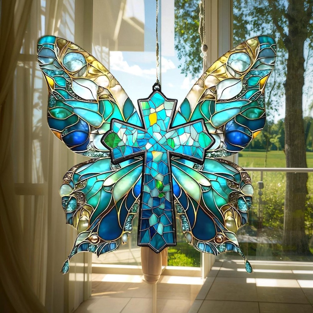 Butterfly Cross Acrylic Suncatcher Faux Stained Glass Window Hanging Christian
